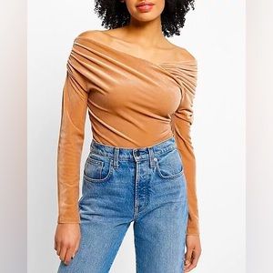 Body Contour Velvet Off The Shoulder Asymmetrical Thong Bodysuit